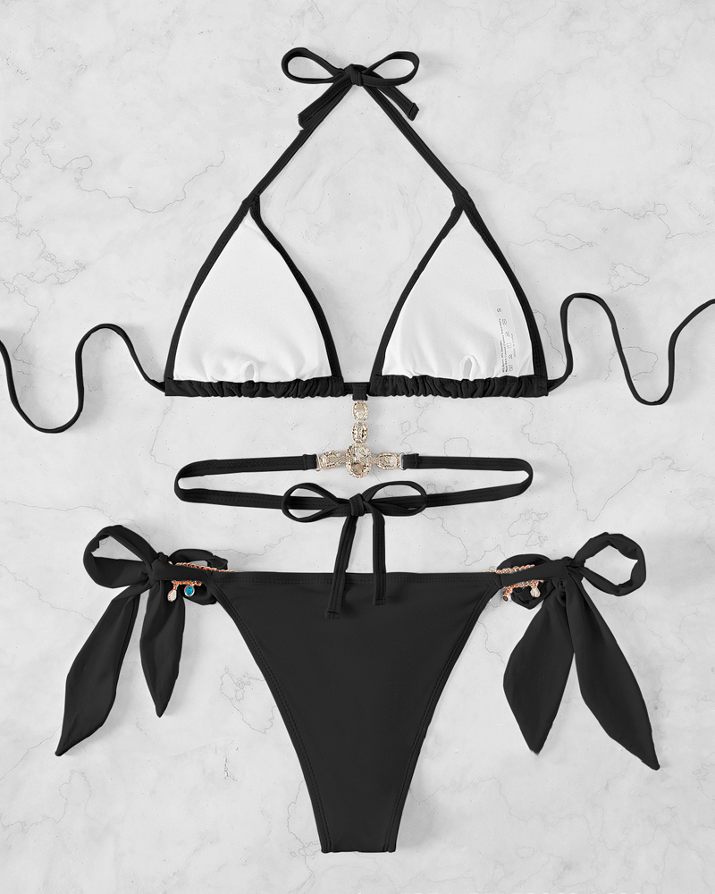 Rhinestone Cutout Back Tie Bikini