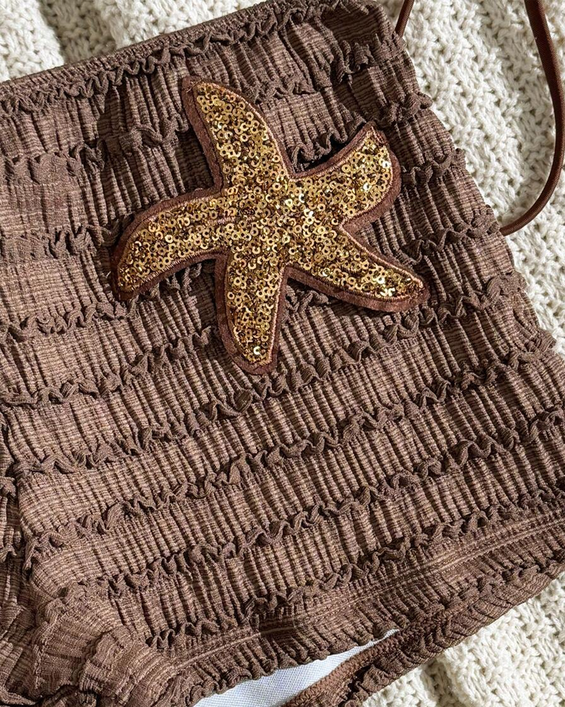 Halter Neck Starfish Sequin Embroidered Two-Piece Bikini Set