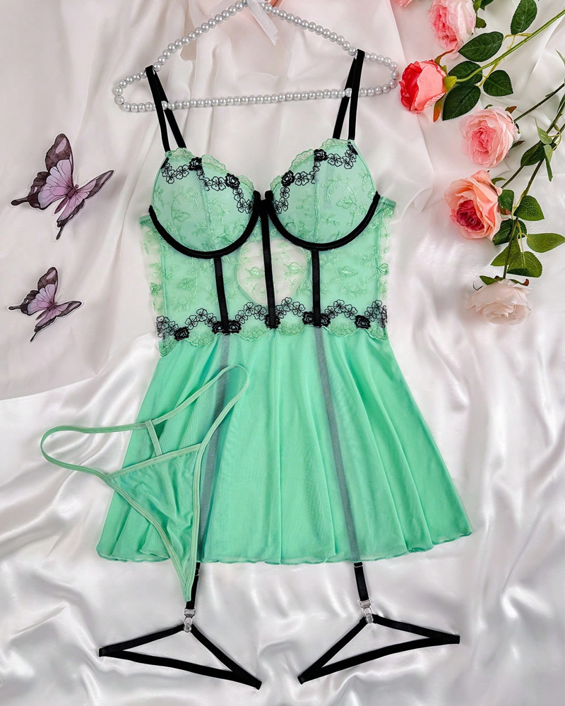 Sexy Sheer Mesh Printed Lace Push-Up Spaghetti Strap Lingerie