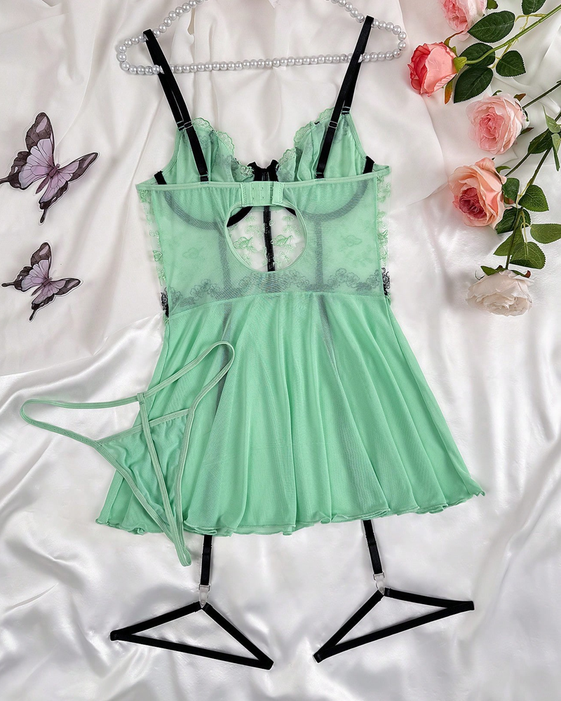 Sexy Sheer Mesh Printed Lace Push-Up Spaghetti Strap Lingerie