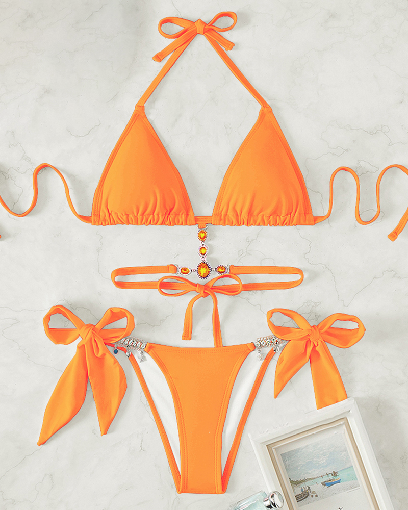 Rhinestone Cutout Back Tie Bikini