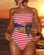 Sexy Independence Day Star Stripe Cutout Tie Bikini Set