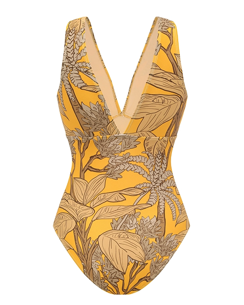 V Neck Yellow Plant Print Swimsuit Set