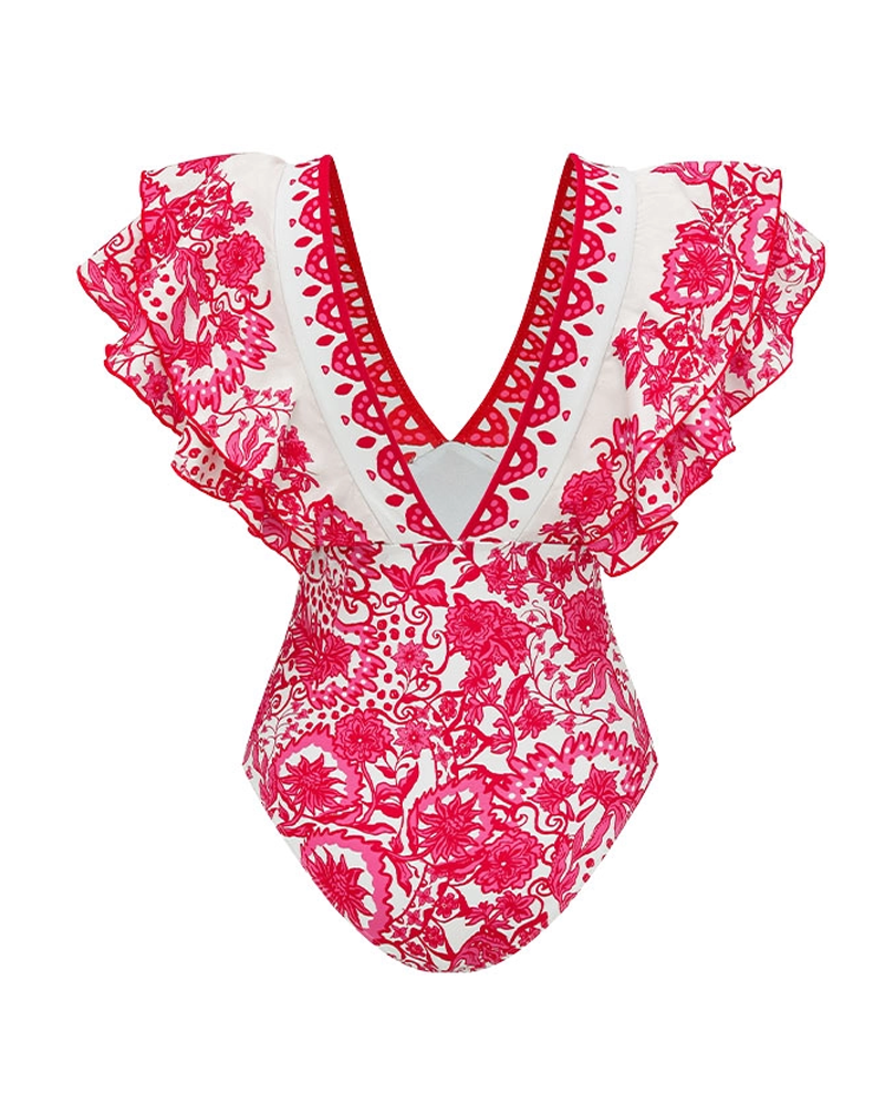V Neck Ruffle Printed Swimsuit Set
