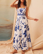 Adjustable Straps Blue & White Floral Print Swimsuit Set