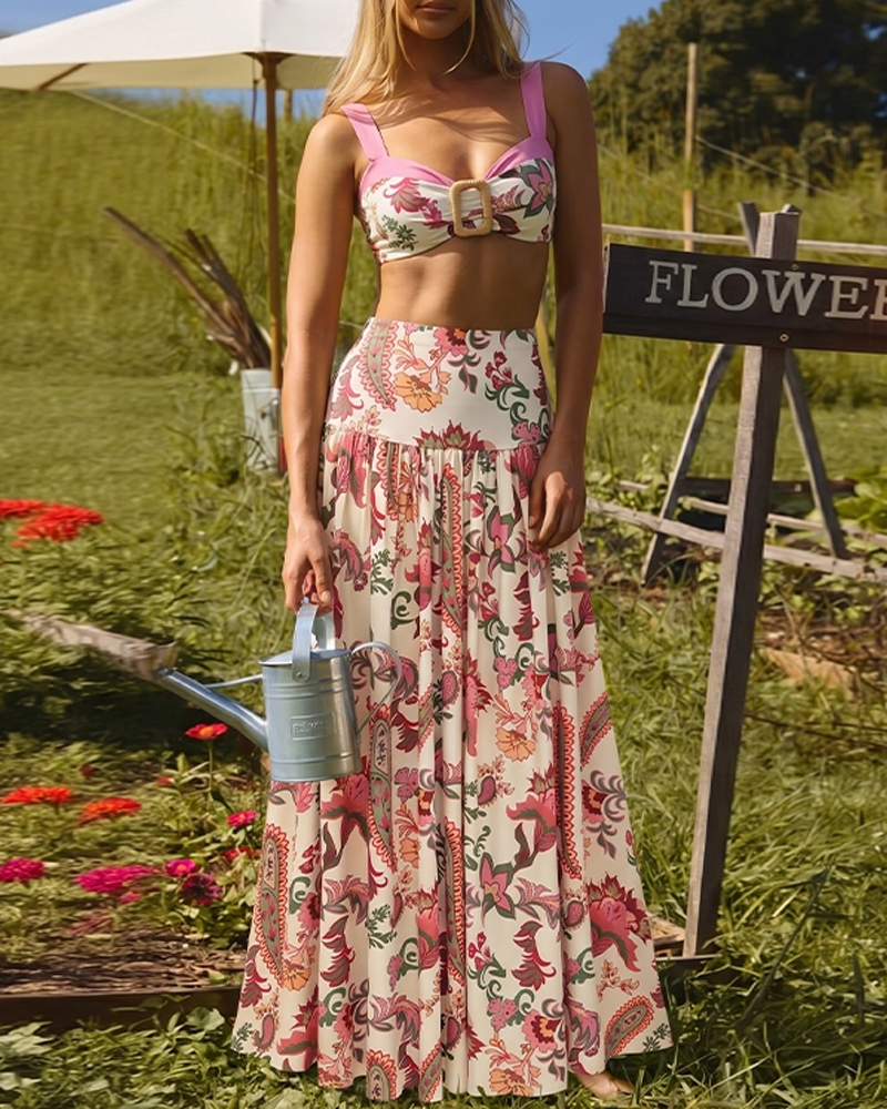 Ruffle Pink Paisley Print Swimsuit set