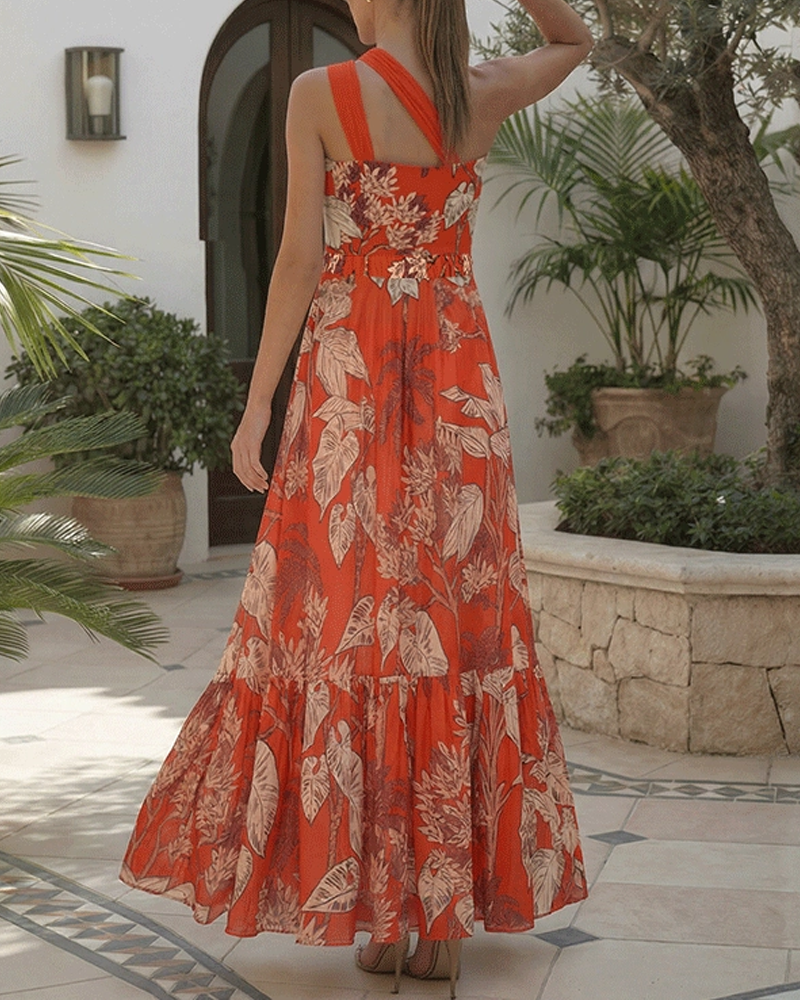 One Shoulder Red Plant Print Swimsuit Set