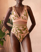 V Neck Mesh Splicing Print Swimsuit Set