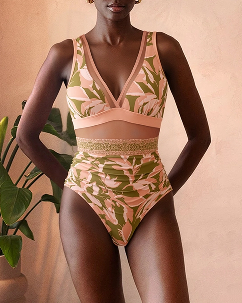 V Neck Mesh Splicing Print Swimsuit Set