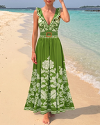 V Neck Ruffle Green Retro Printed Swimsuit Set