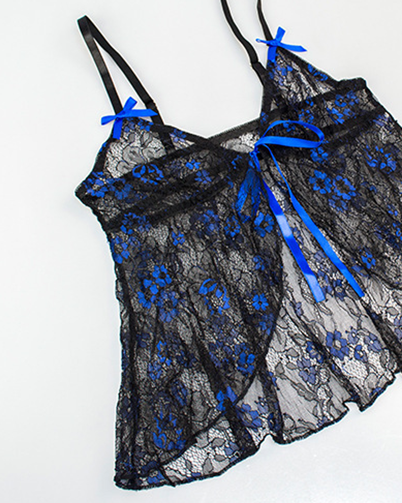 Sexy Floral Embroidered Sheer Mesh Nightgown Set