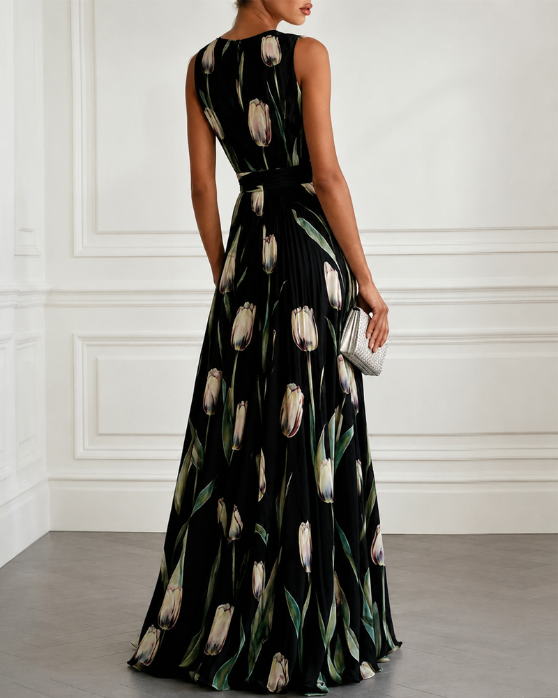 Tulip Print Chiffon Sleeveless V-Neck Maxi Dress