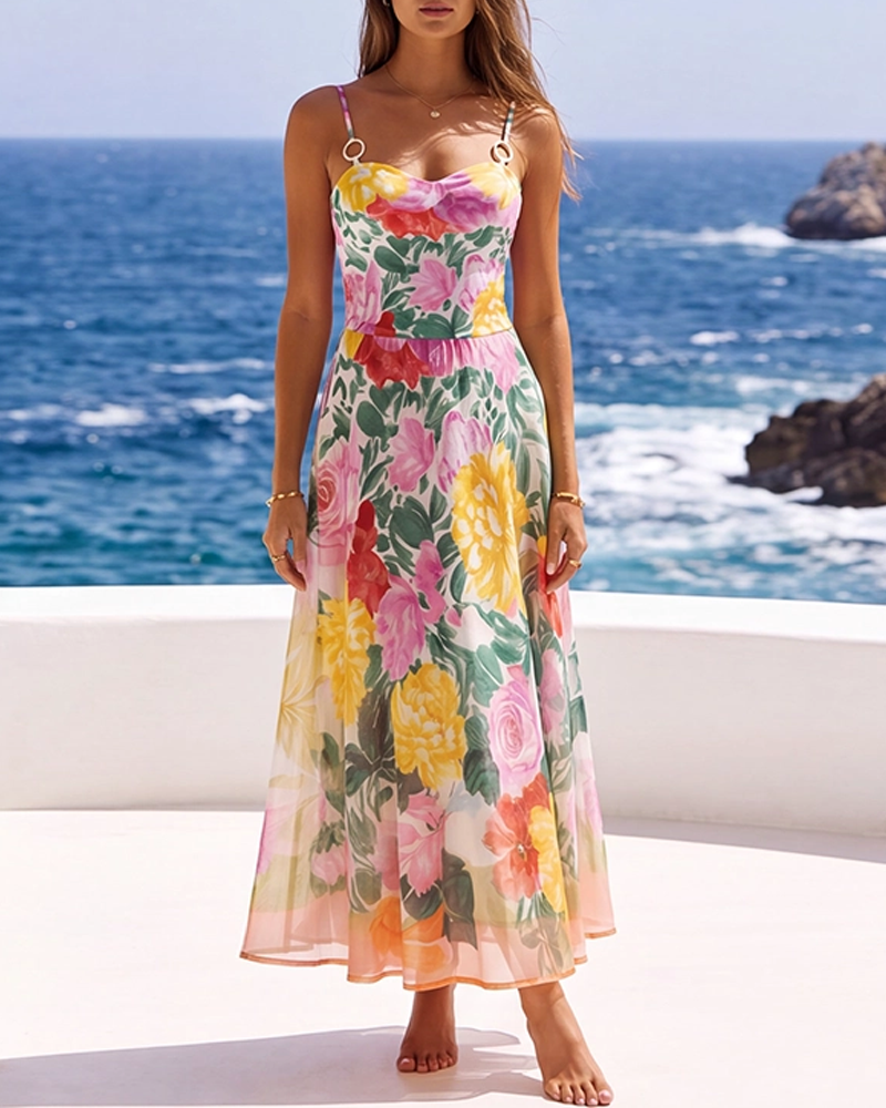 Adjustable Strap Abstract Floral Swimsuit Set