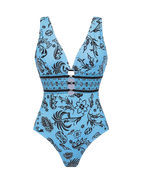 Blue Printed Waist Cut Out Swimsuit Set