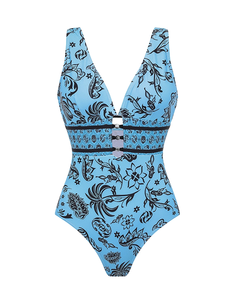 Blue Printed Waist Cut Out Swimsuit Set
