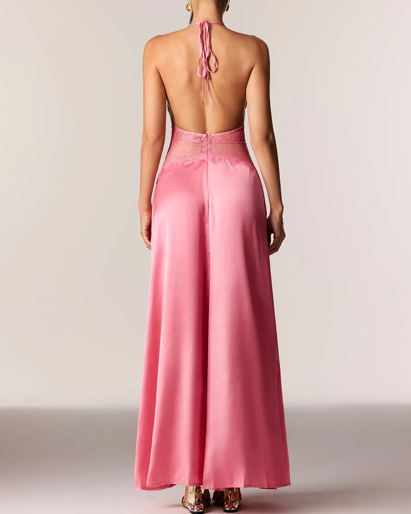 Elegant V-Neck Halter Lace and Satin Patchwork Maxi Dress