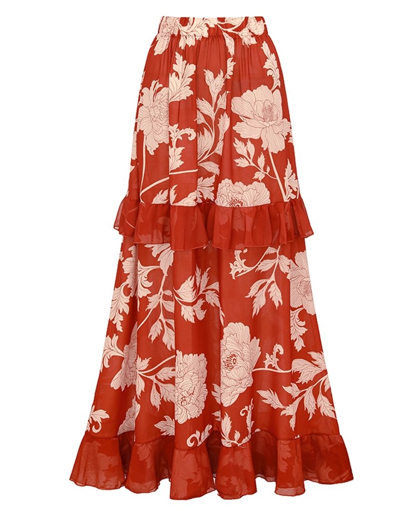 Bandeau Red Flower Print Cut Out Splicing Swimsuit Set
