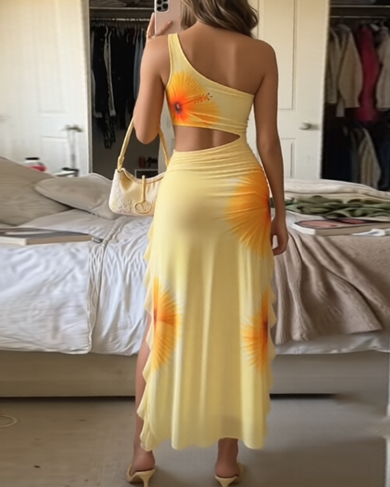 Sexy Floral Print Cutout High Slit Mesh Maxi Dress