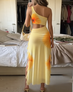 Sexy Floral Print Cutout High Slit Mesh Maxi Dress