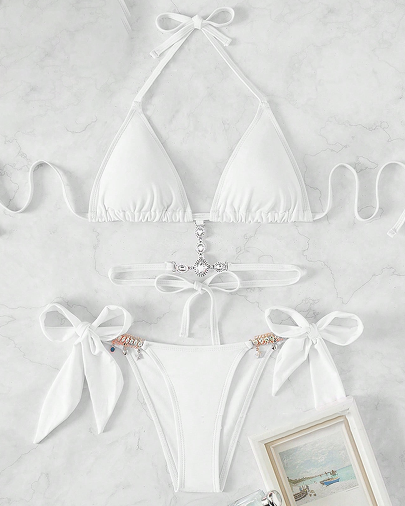 Rhinestone Cutout Back Tie Bikini