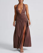 Deep V Neck Backless Ruched Split Thigh White Halter Vacation Dress