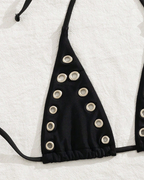Sexy Beach Vacation Gold Metal Ring Halter Bikini Set