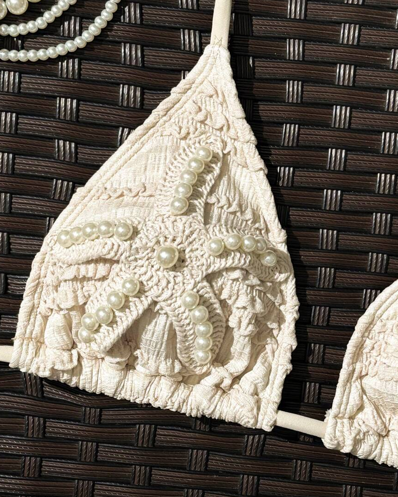 Halter Neck Starfish Sequin Embroidered Two-Piece Bikini Set