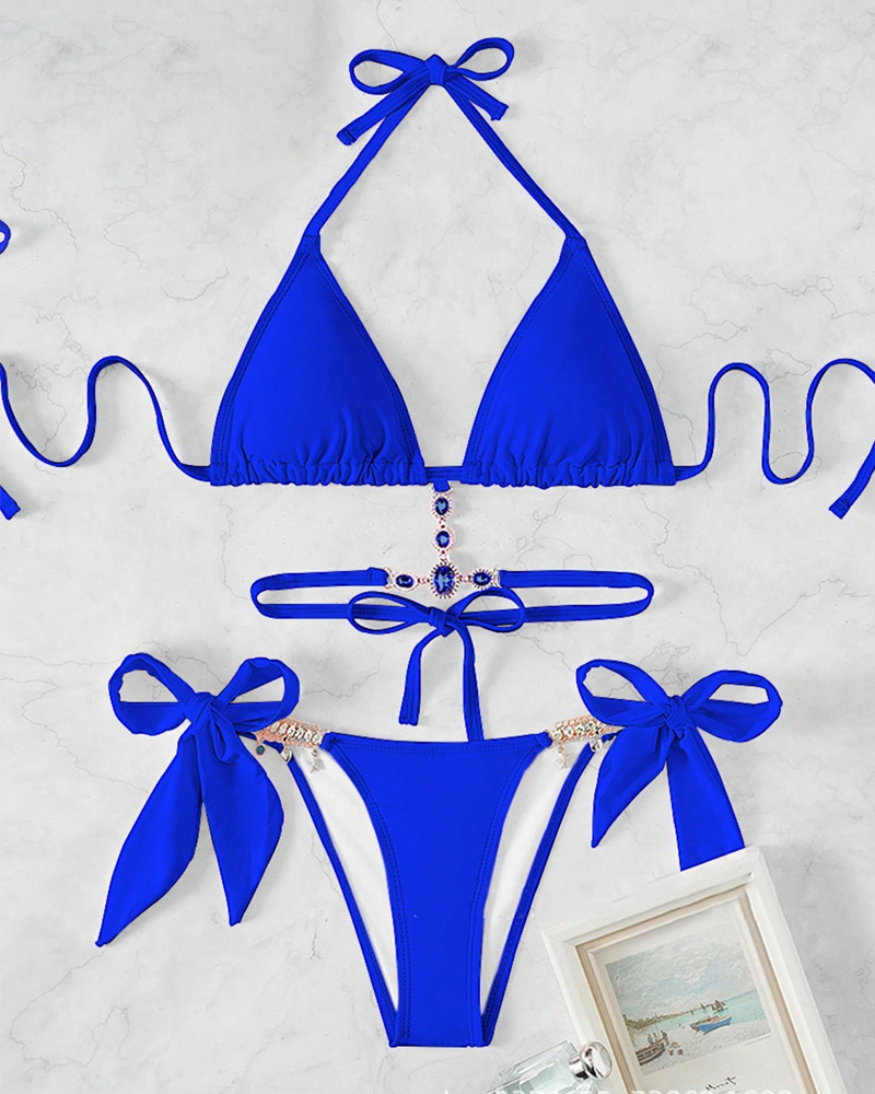 Rhinestone Cutout Back Tie Bikini