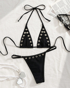 Sexy Beach Vacation Gold Metal Ring Halter Bikini Set