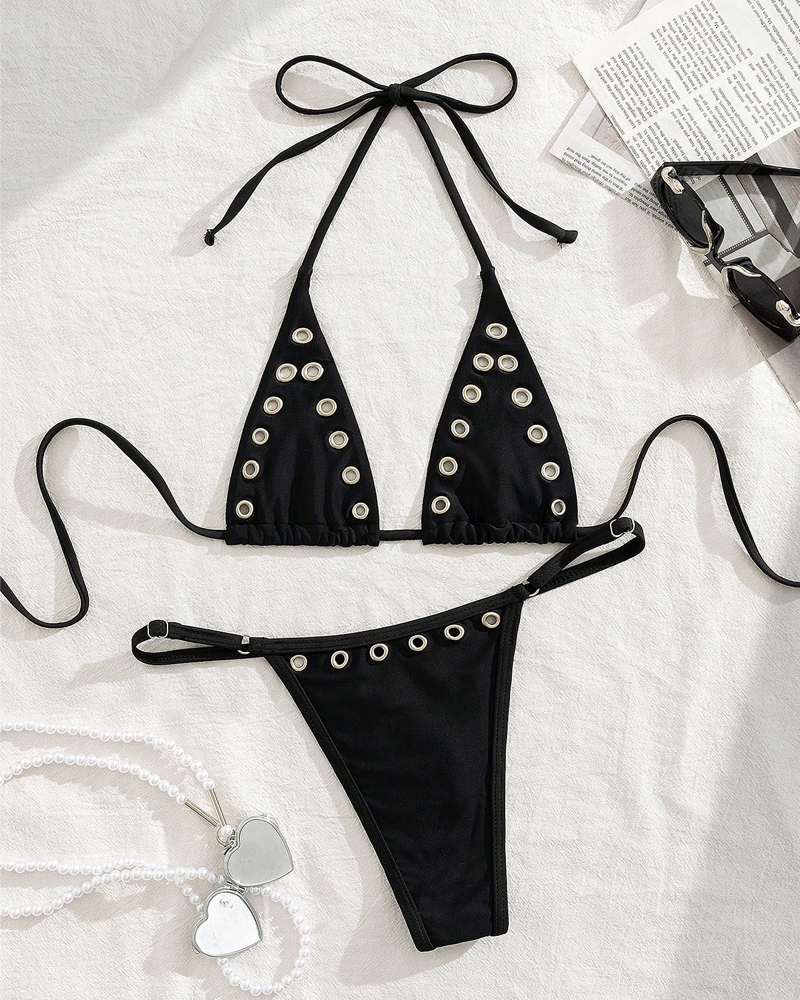 Sexy Beach Vacation Gold Metal Ring Halter Bikini Set