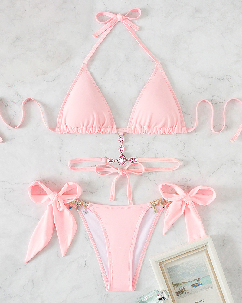 Rhinestone Cutout Back Tie Bikini