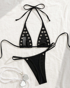 Sexy Beach Vacation Gold Metal Ring Halter Bikini Set