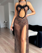 Sexy Leopard Print Sheer High Slit Spaghetti Strap Nightgown