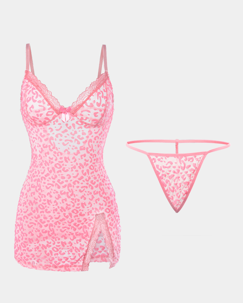 Sexy Leopard Print Sheer Mesh Nightgowns with Matching Thong