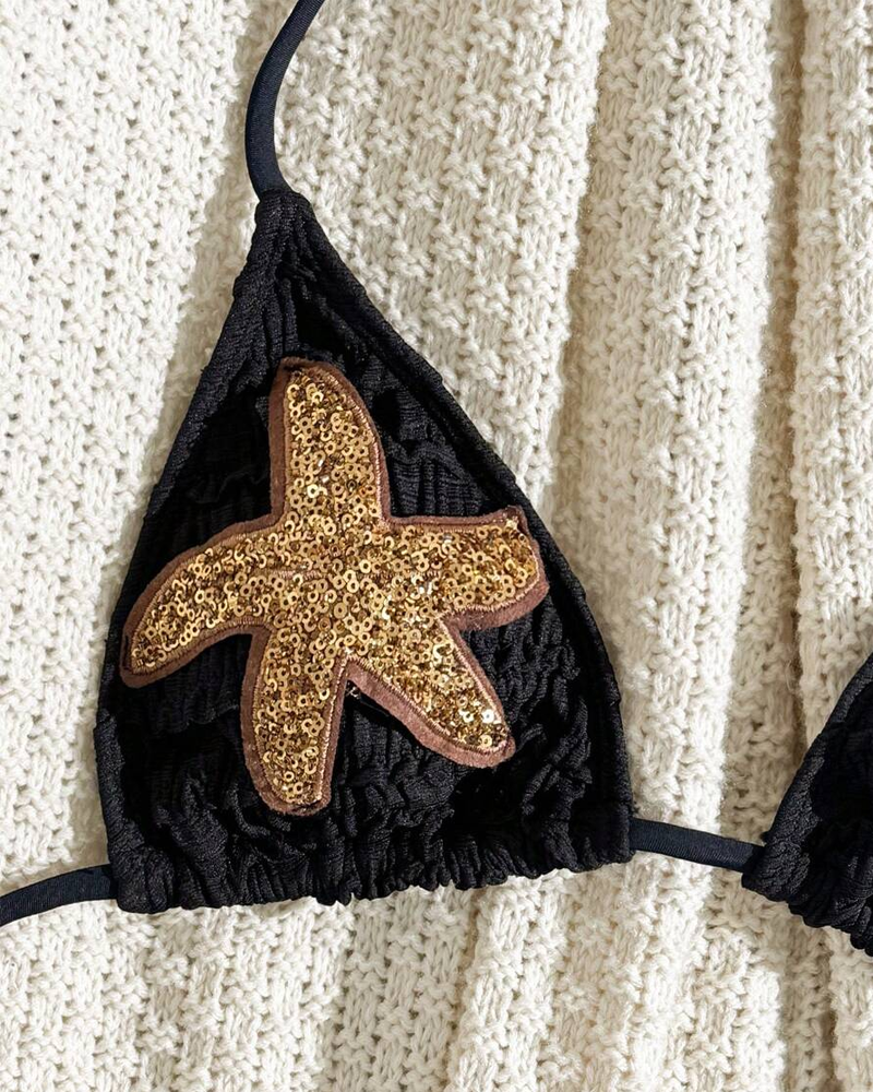 Halter Neck Starfish Sequin Embroidered Two-Piece Bikini Set