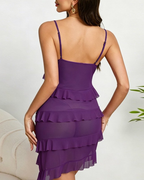 Sexy V-Neck Pearl Metal Chain Mesh Ruffle Nightdress