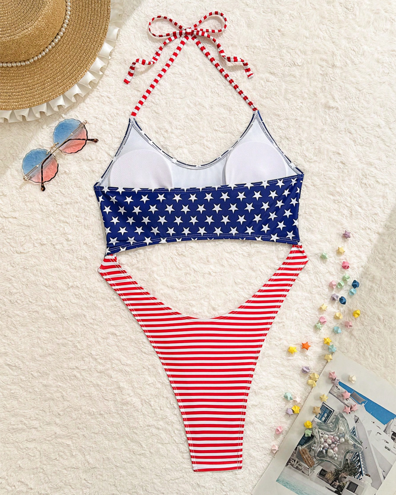 4th of July Stars and Stripes Halter Deep V Bikini Set