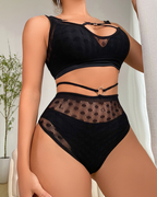 Plus Size Strappy Polka Dot Mesh Cutout Lingerie Set