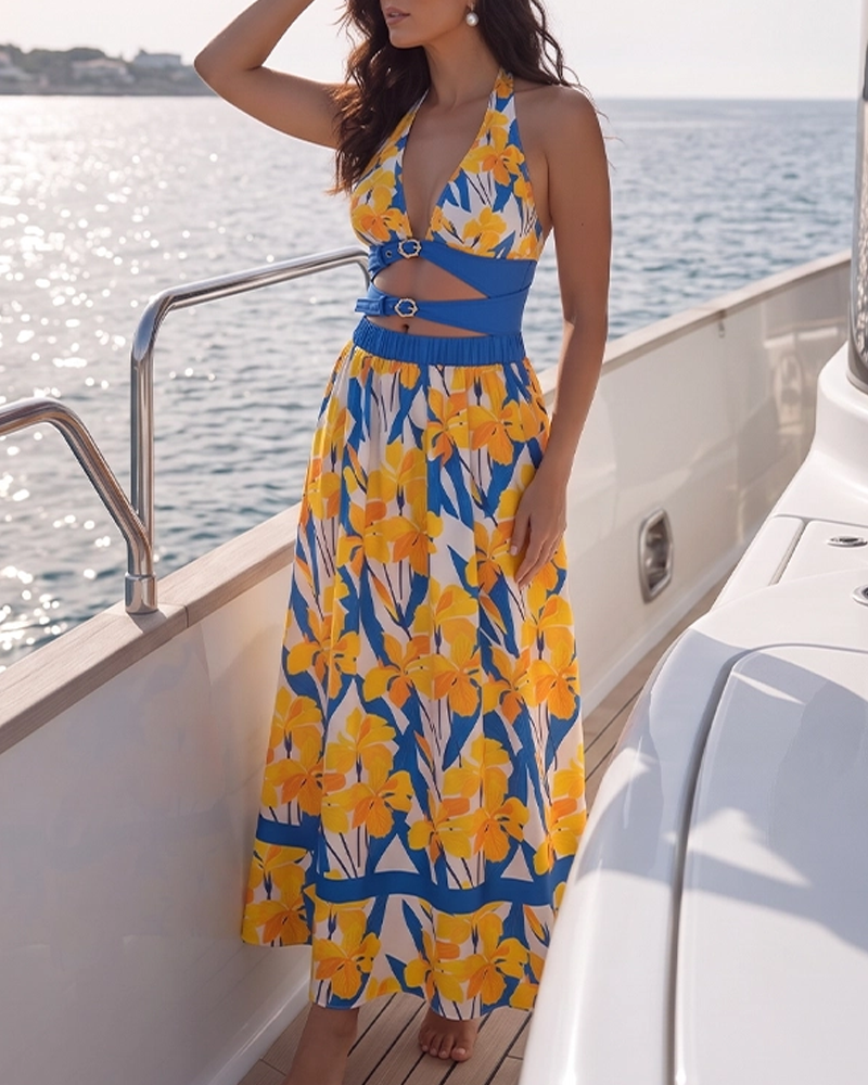 Iris Print Cut-out Swimsuit set