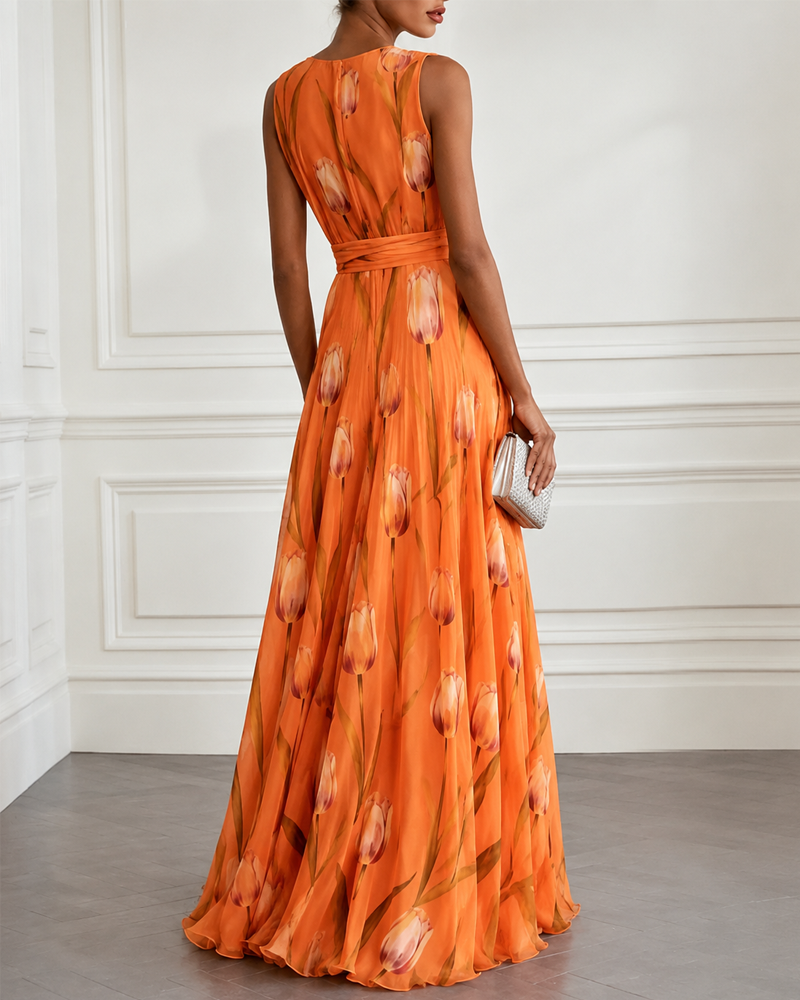 Tulip Print Chiffon Sleeveless V-Neck Maxi Dress