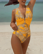 V Neck Yellow Plant Print Swimsuit Set