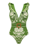 V Neck Ruffle Green Retro Printed Swimsuit Set