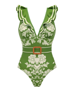 V Neck Ruffle Green Retro Printed Swimsuit Set