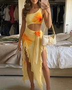 Sexy Floral Print Cutout High Slit Mesh Maxi Dress