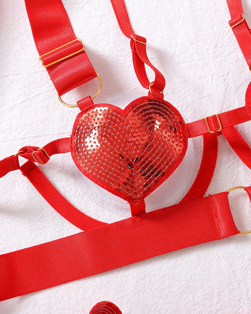 Sexy Red Sequin Heart Crisscross Lace-Up Lingerie Set