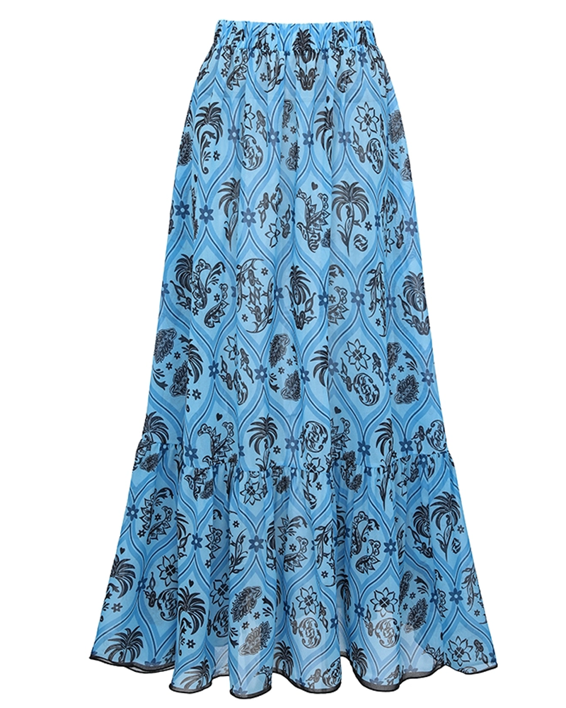 Blue Printed Waist Cut Out Swimsuit Set