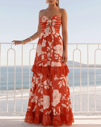Bandeau Red Flower Print Cut Out Splicing Swimsuit Set