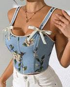 French Style Bow Lace-Up Floral Sexy Body Shaper Women's Sling Printed Slim-Fit Vest Corset
