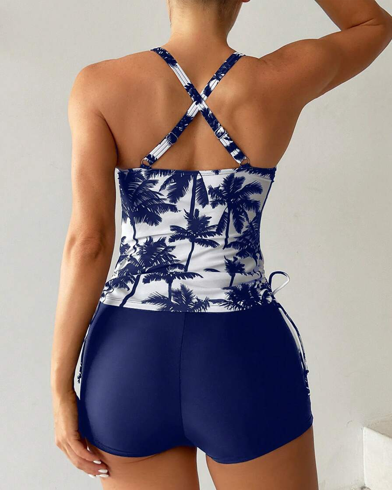 Printed Bodycon Backless Drawstring Slim-Fit Two-Piece Swimsuit