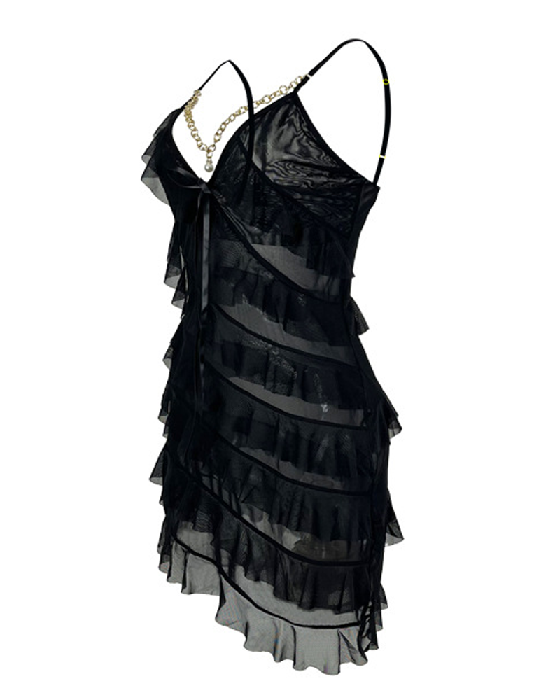 Sexy V-Neck Pearl Metal Chain Mesh Ruffle Nightdress